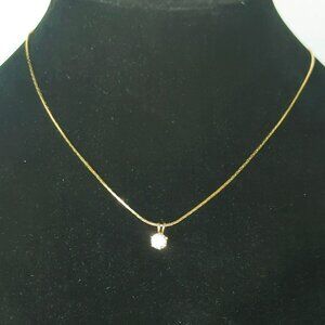 Vintage Gold-Tone Necklace With Clear Round Crystal Solitaire Pendant 18 Inches